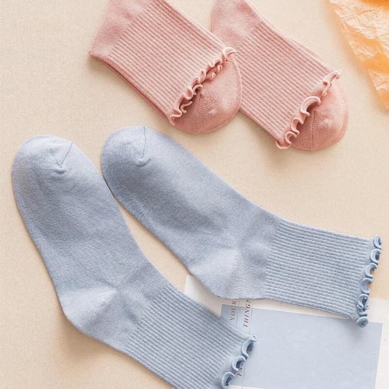 

2pairs Solid Lettuce Trim Crew Socks, Multicolor