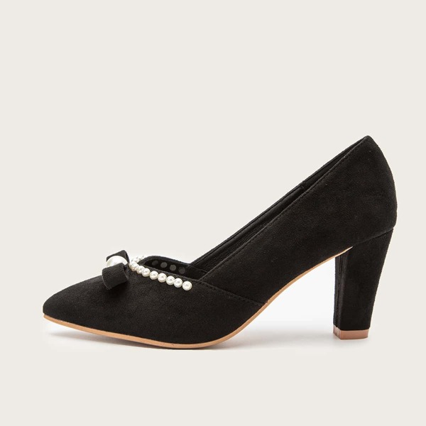 

Faux Pearl & Bow Decor Suede Court Pumps, Black