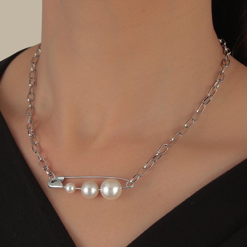 

Safety Pin & Faux Pearl Necklace, Silver