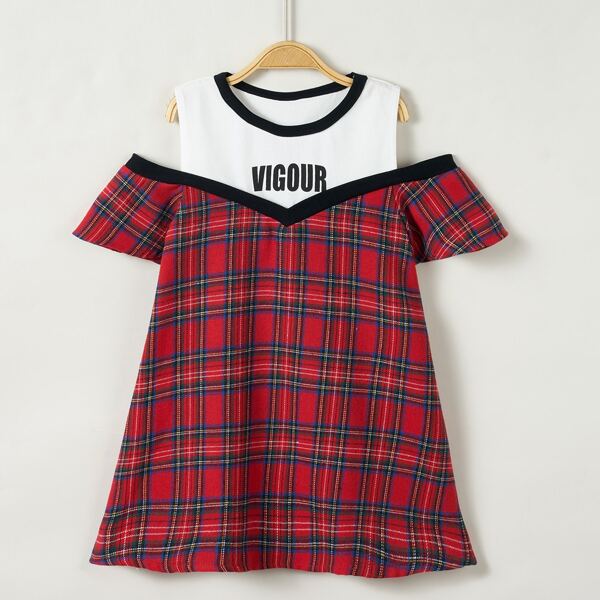 

Toddler Girls Letter And Tartan Cold Shoulder Dress, Multicolor