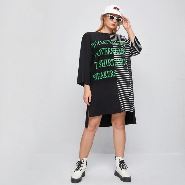 

Plus Striped Slogan Graphic High Low Tee Dress, Black