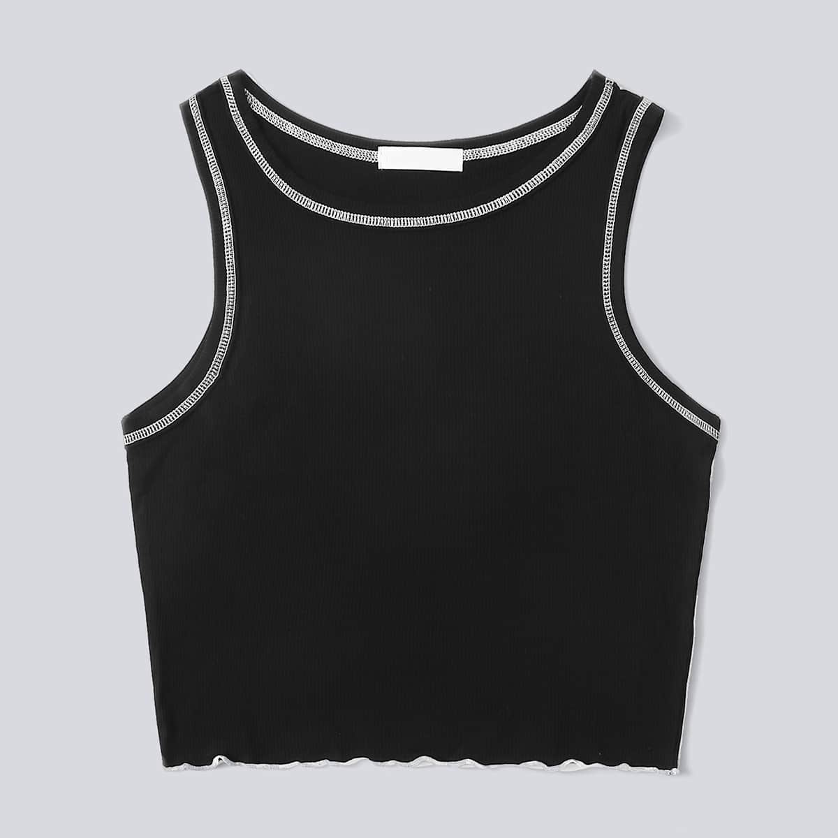 

Contrast Stitching Lettuce Trim Tank Top, Black