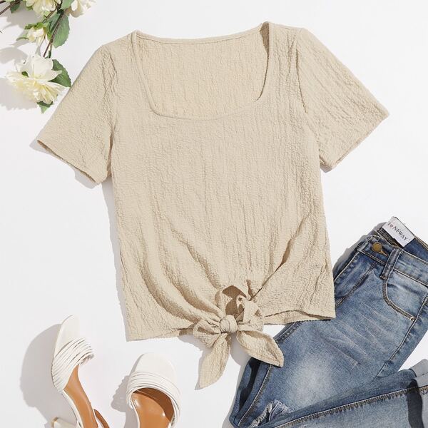 

Scoop Neck Tie Front Solid Blouse, Apricot