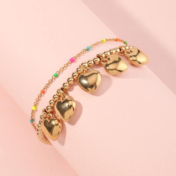 

Girls Heart Charm Layered Bracelet, Multicolor