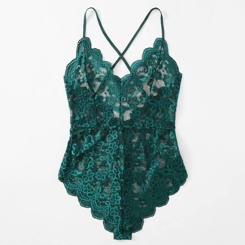 

Scallop Floral Lace Teddy Bodysuit, Dark green