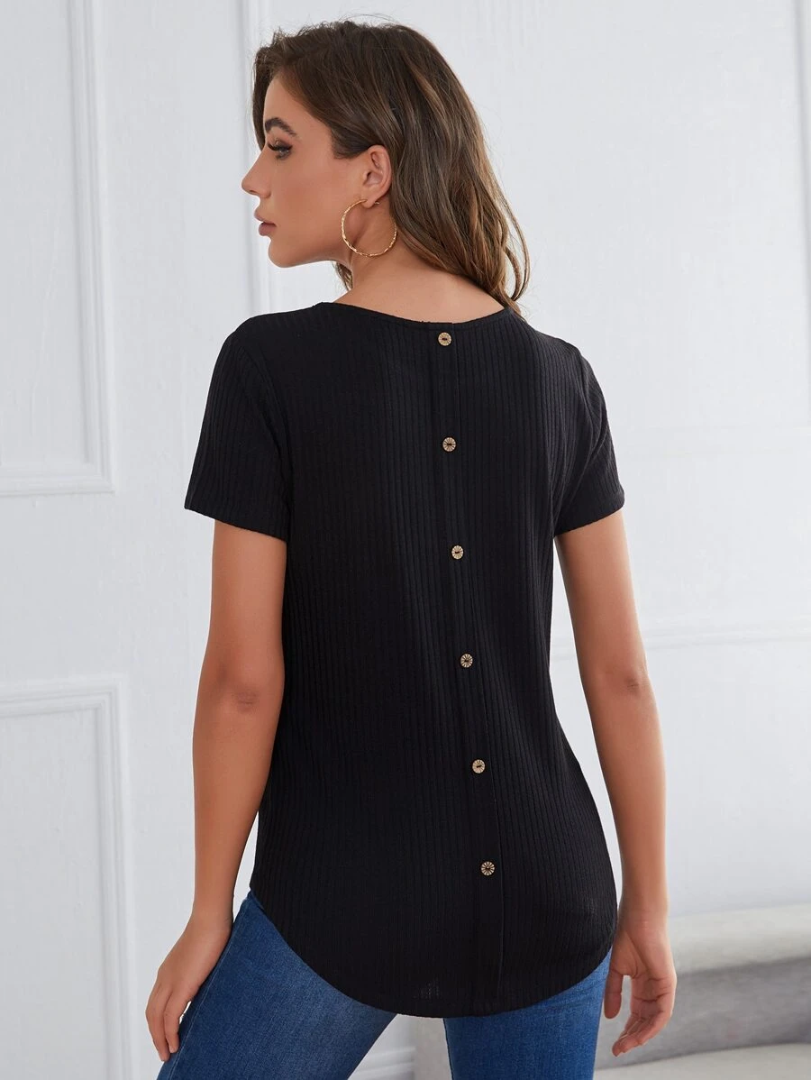 SHEIN LUNE 後紐扣羅紋針織弧形下擺上衣 - 黑色 - 查看 1
