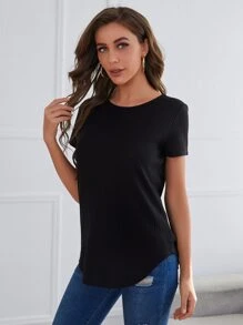 SHEIN LUNE 後紐扣羅紋針織弧形下擺上衣 - 黑色 - 查看 3