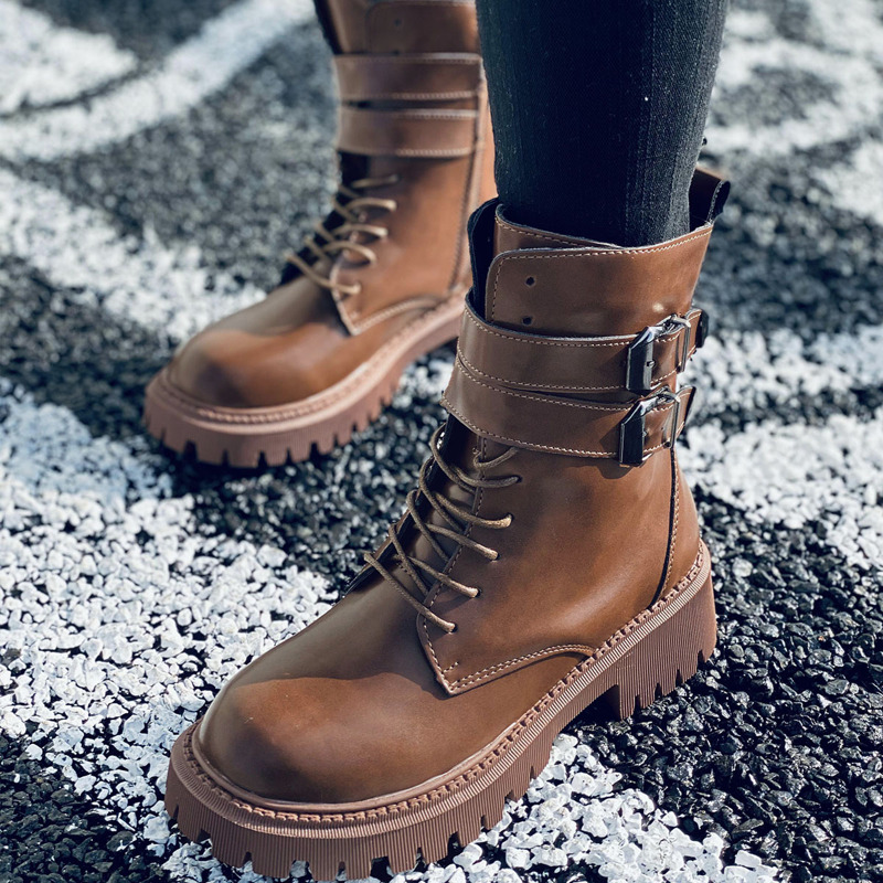 

Pin Buckle Decor Combat Boots, Brown