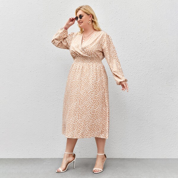 

Plus Surplice Front Shirred Waist A-line Dress, Apricot