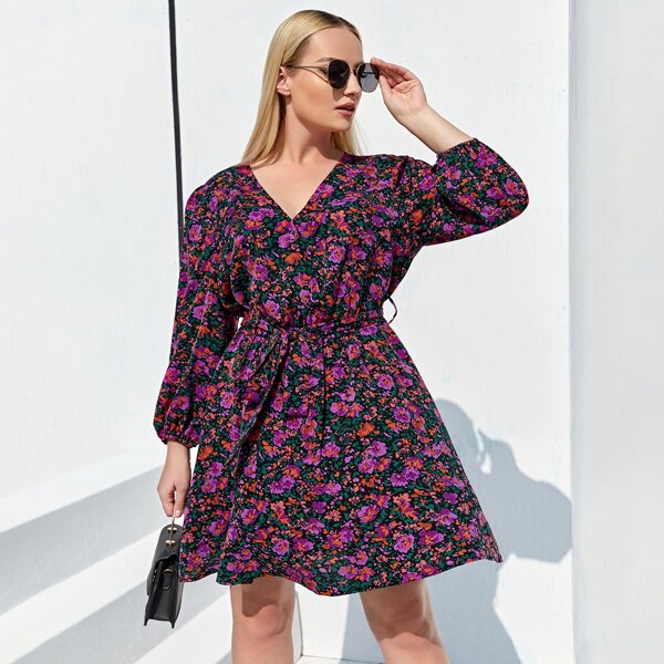 

Plus Floral Belted A Line Dress, Multicolor