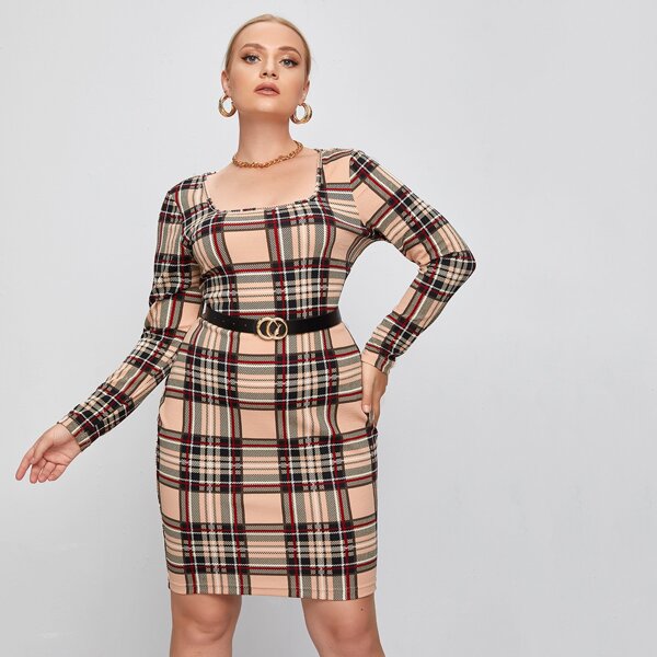 

Plus Plaid Square Neck Dress Without Belt, Multicolor