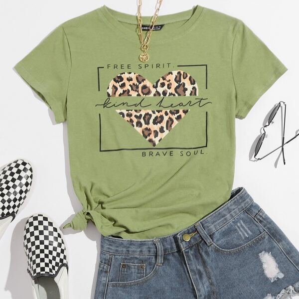 

Leopard And Slogan Graphic Tee, Army green