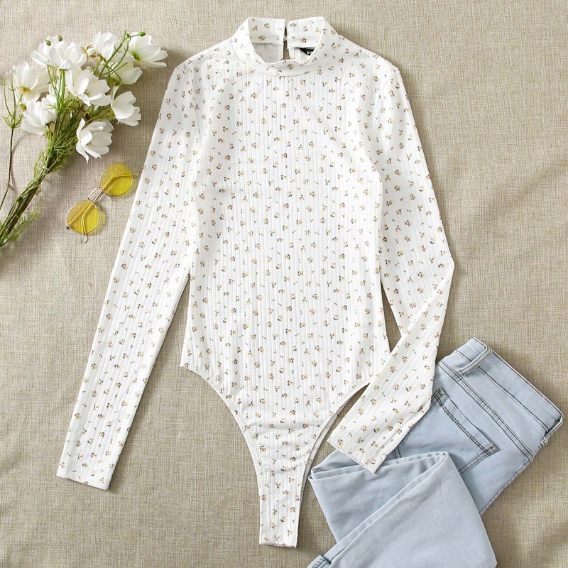

Mock Neck Ditsy Floral Bodysuit, White