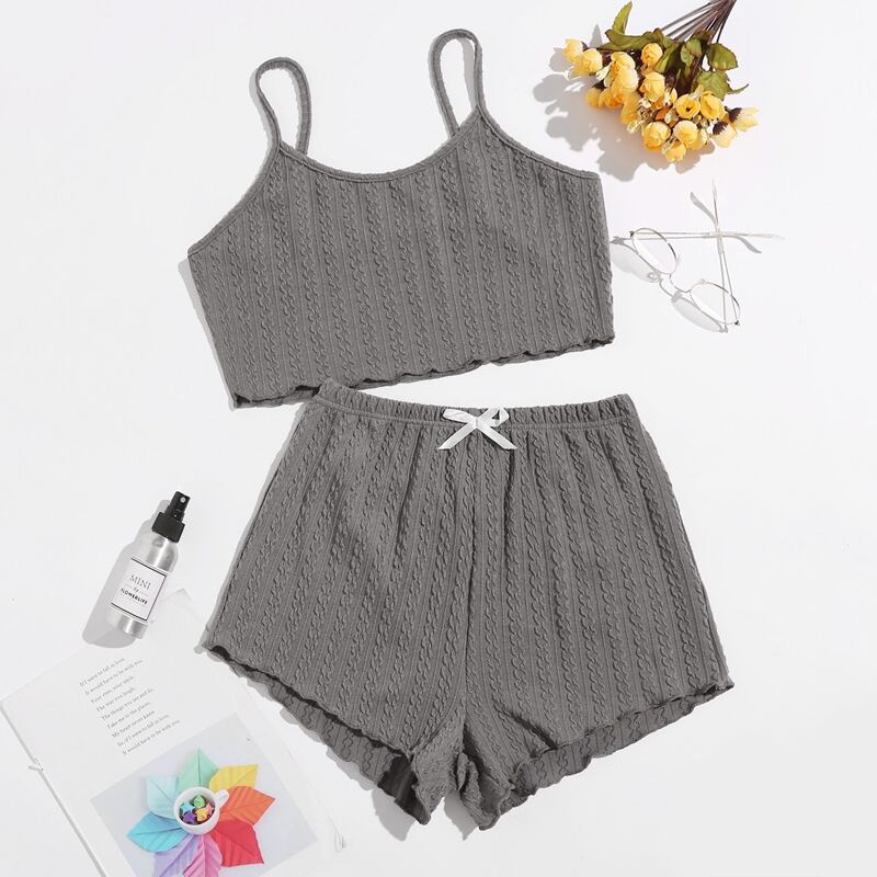 

Lettuce Hem Solid Cami Pajama Set, Dark grey