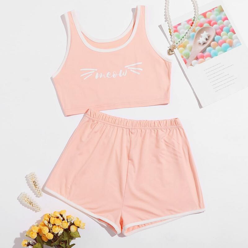 

Letter Graphic Contrast Binding Pajama Set, Coral pink