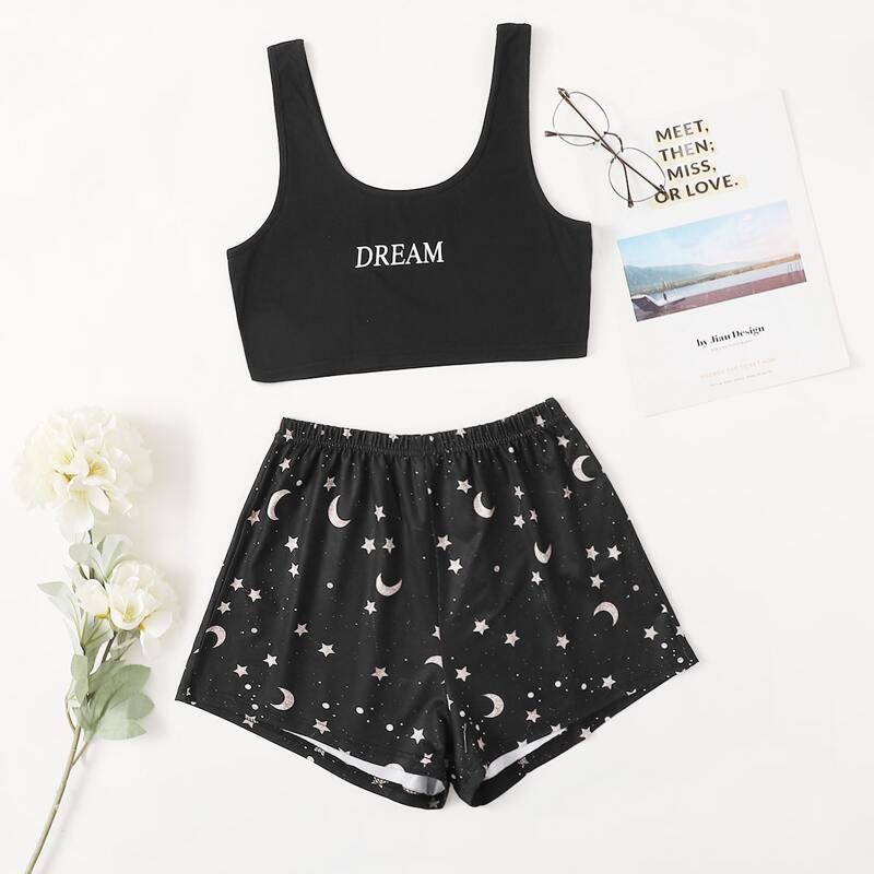 

Letter Graphic Tank Top & Galaxy Shorts Pajama Set, Black
