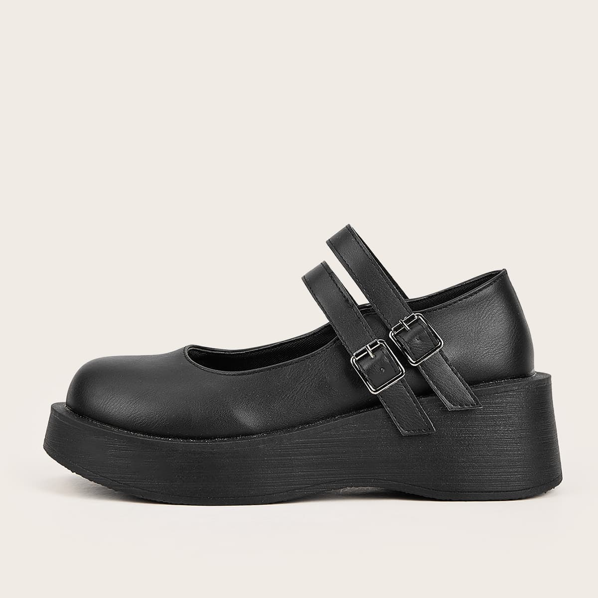 

Round Toe Buckle Design Flatform Shoes, Black
