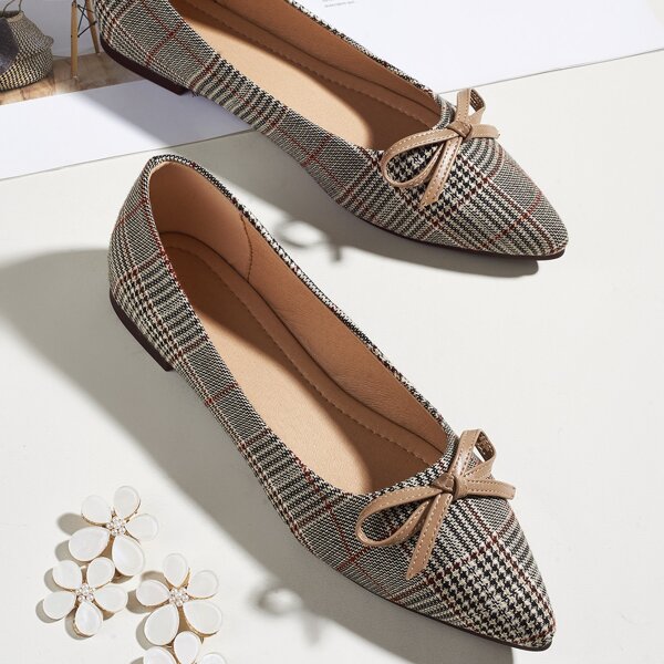 

Point Toe Bow Decor Plaid Flats, Multicolor