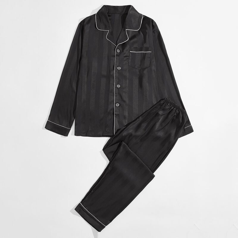 

Guys Contrast Binding Satin PJ Set, Black
