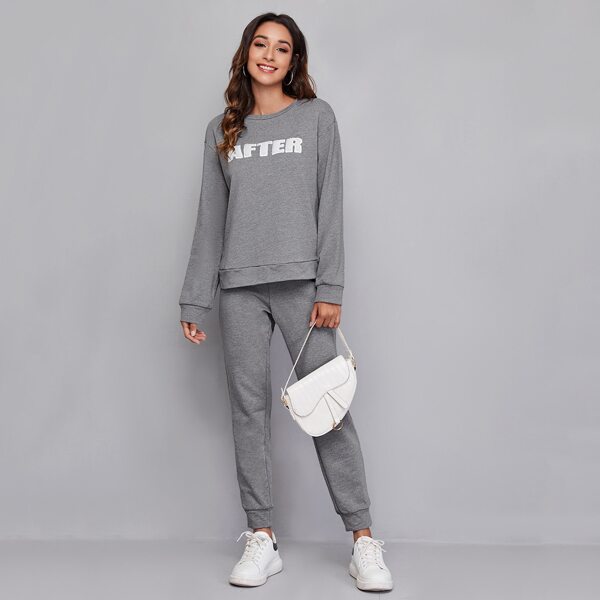 

Drop Shoulder Letter Patched Pullover & Joggers Set, Grey