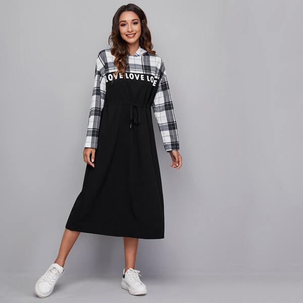 

Plaid Yoke Letter Graphic Drawstring Waist Hooded Dress, Black