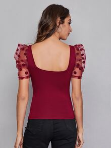 SHEIN Privé Top de manga de malla de cuello sweetheart - Burdeos - Ver 2