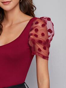 SHEIN Privé Top de manga de malla de cuello sweetheart - Burdeos - Ver 4