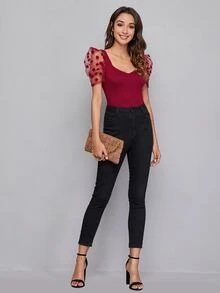SHEIN Privé Top de manga de malla de cuello sweetheart - Burdeos - Ver 5