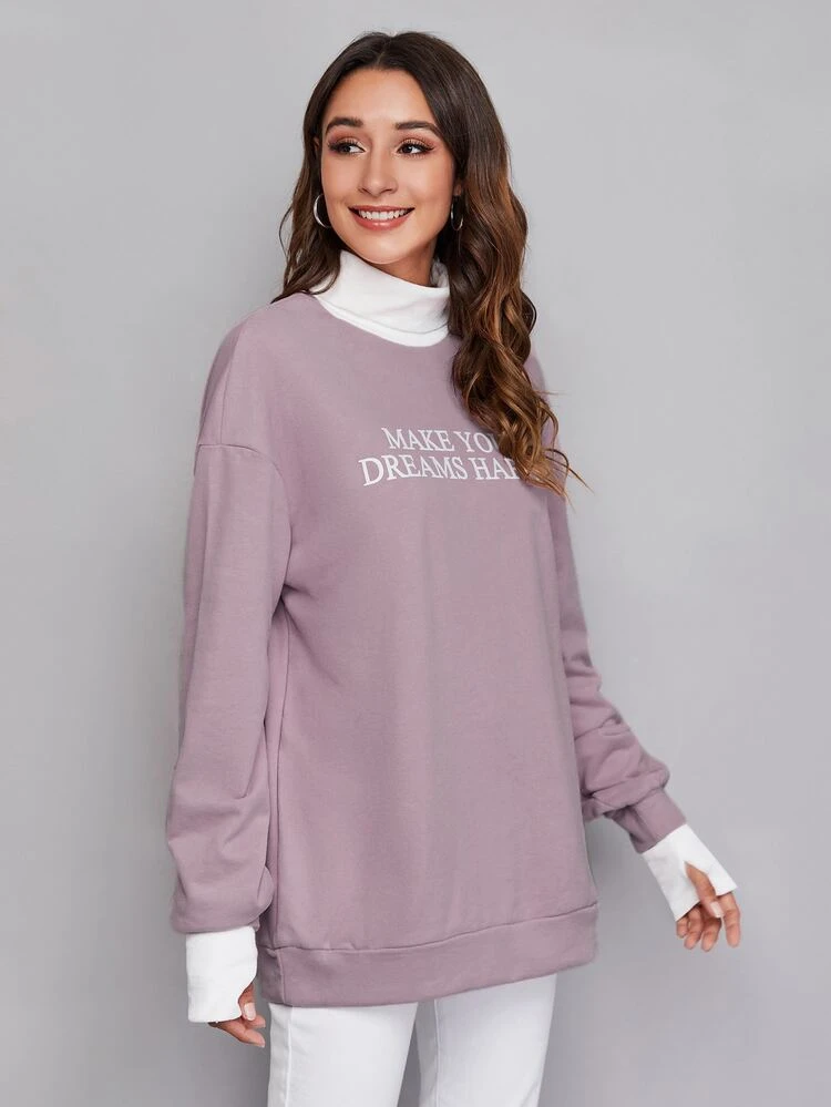 Contrast Turtle Neck and Cuff Slogan Graphic Pullover