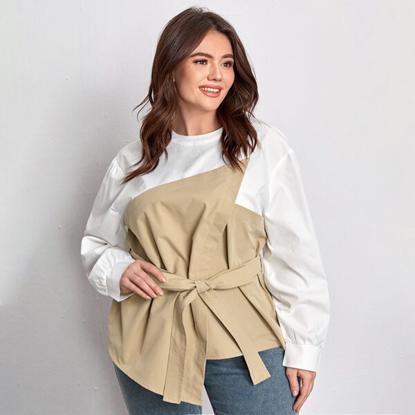 

Plus Two Tone Asymmetrical Hem Belted Blouse, Multicolor