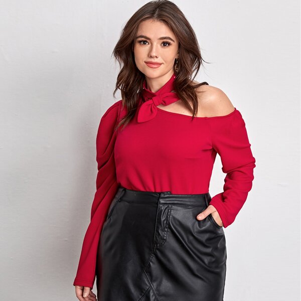 

Plus Bow Front Asymmetrical Neck Top, Rose red
