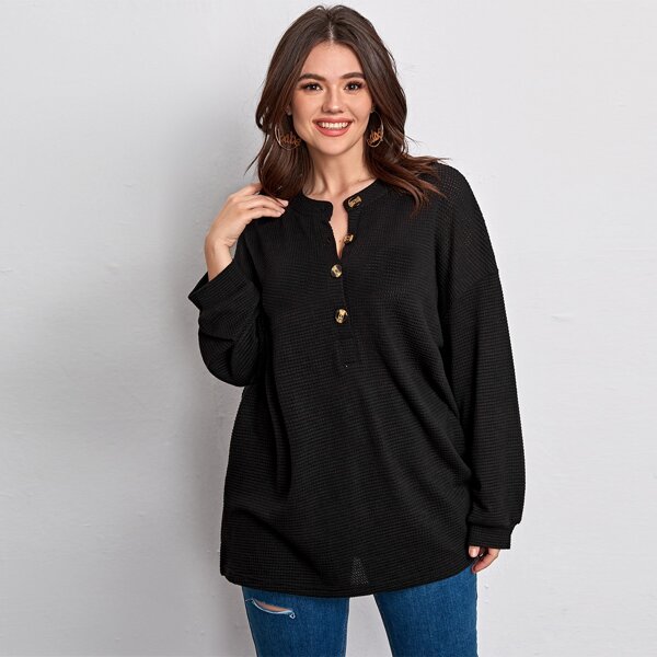 

Plus Solid Half Button Drop Shoulder Tee, Black