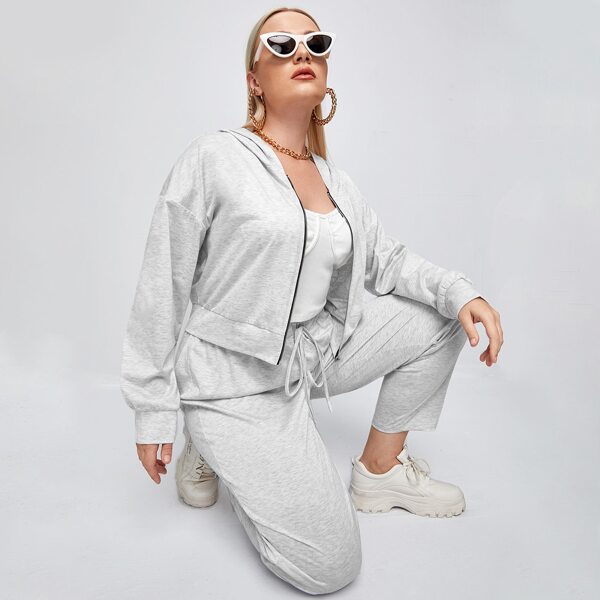 

Plus Solid Zip Up Drop Shoulder Hoodie & Sweatpants, Light grey