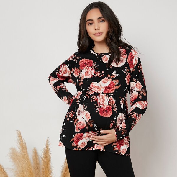 

Maternity Raglan Sleeve Floral Print Peplum Top, Multicolor