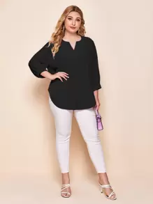 SHEIN LUNE Plus Notched Neck Curved Hem Top - Black - View 3