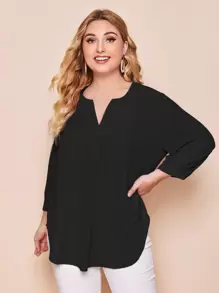 SHEIN LUNE Plus Notched Neck Curved Hem Top - Black - View 5