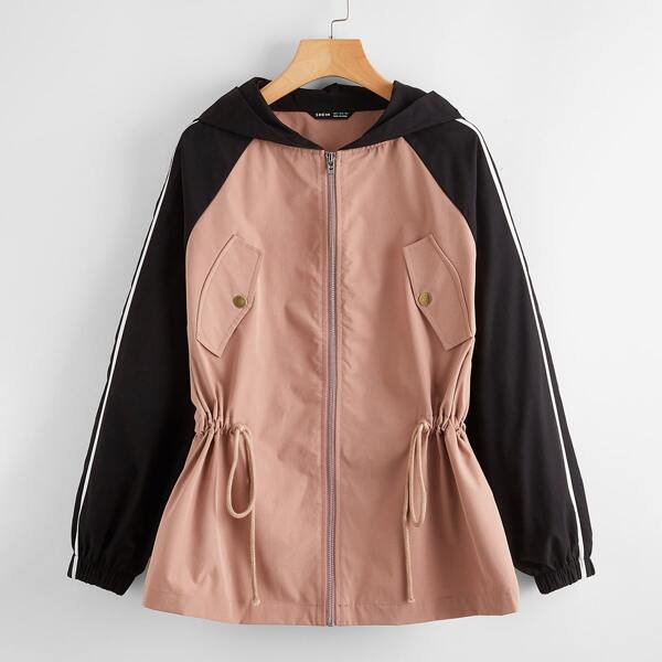 

Zip Up Drawstring Waist Striped Tape Side Two Tone Hooded Coat, Multicolor