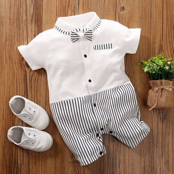 

Baby Boy Striped Bow Front Romper, White