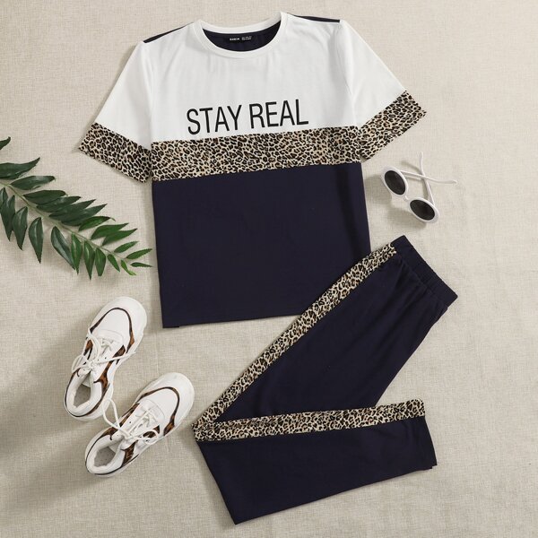 

Color Block Leopard Letter Graphic Tee & Pants Set, Navy blue