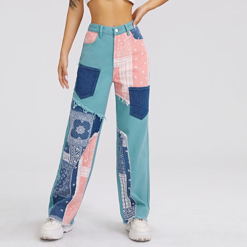 

High Waist Patch Pocket Colorblock Floral Raw Hem Jeans, Multicolor
