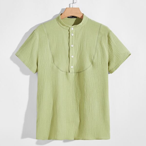 

Men Button Half Placket Shirt, Pastel lime green