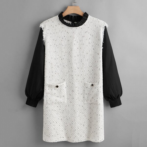 

Plus 2 In 1 Colorblock Frill Neck Dual Pockets Tweed Dress, Black and white