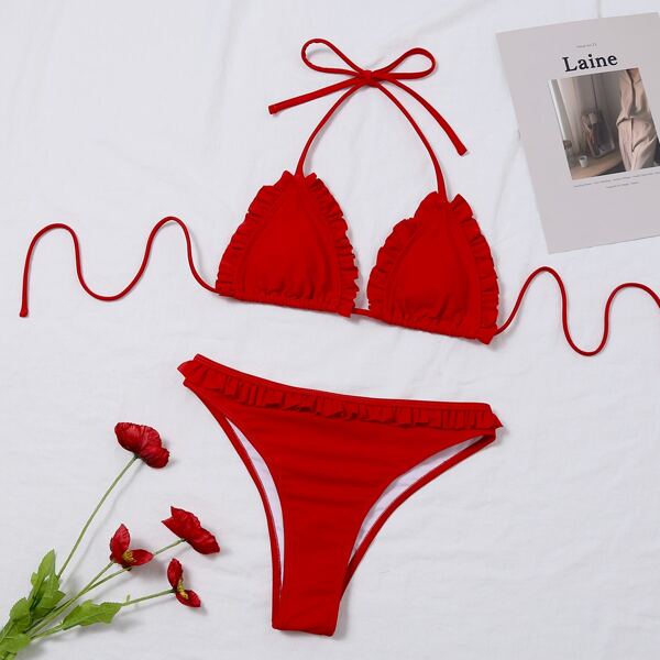 

Frill Trim Micro Triangle Bikini Swimsuit, Red
