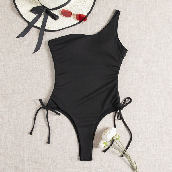 

Rib One Shoulder One Piece Swimsuit, Black