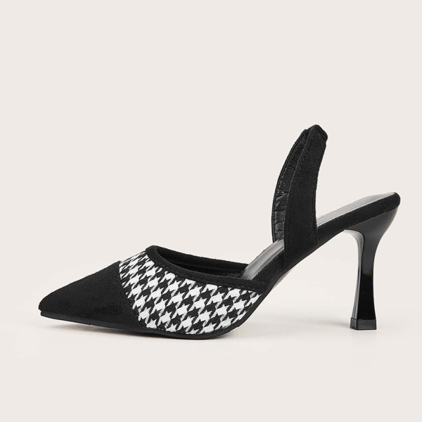 

Point Toe Houndstooth Pattern Slingback Pumps, Black and white