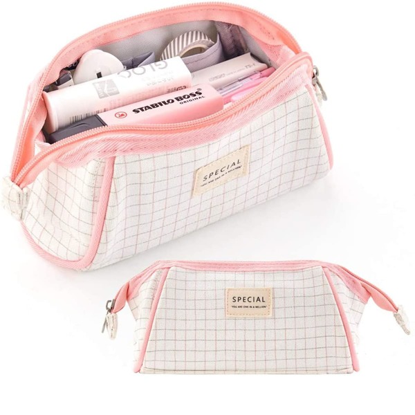 

1pc Plaid Pattern Pencil Bag, Beige