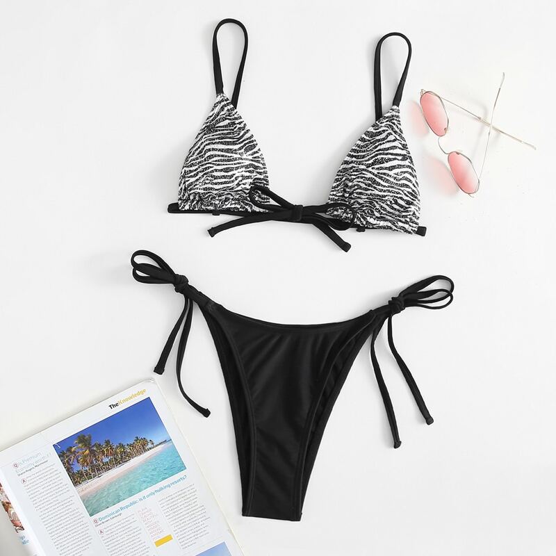 

Zebra Striped Triangle Bikini Swimsuit, Black and white