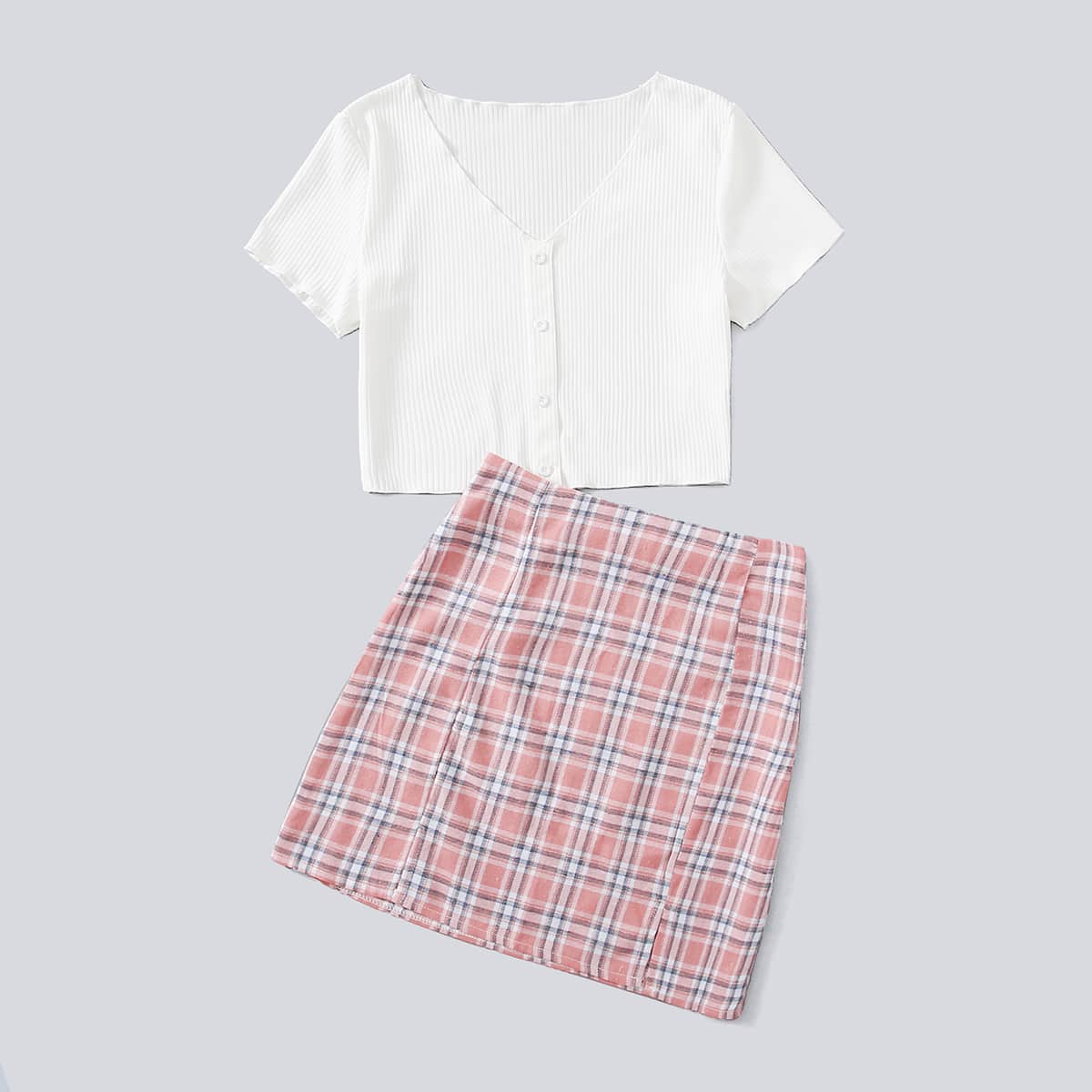 

Solid Button Front Tee & Plaid Split Skirt, Multicolor