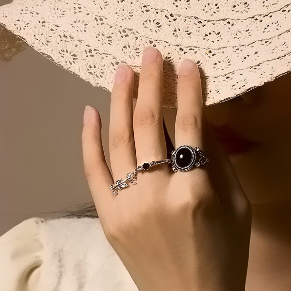 

3pcs Rhinestone Detail Ring, Black