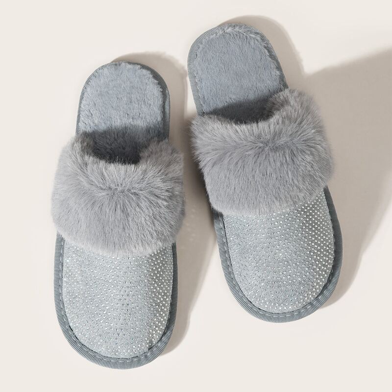 

Rhinestone Decor Fluffy Slippers, Light grey